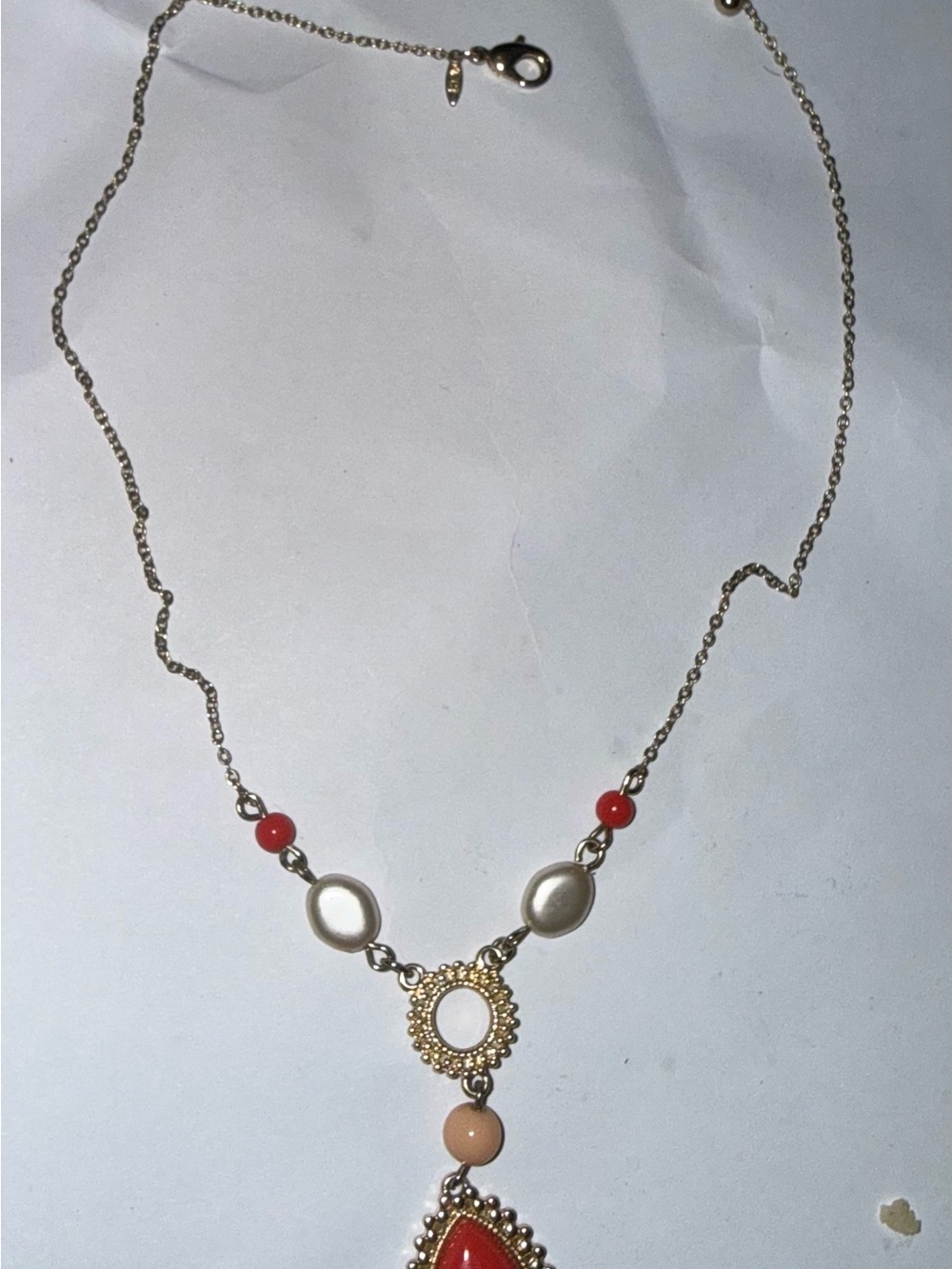 NRT- Gold-Tone Necklace with Red and Peach Beads
